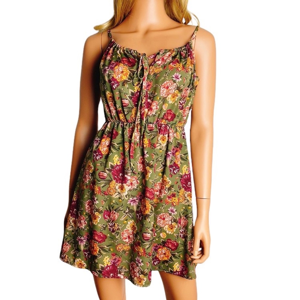 Vintage Floral Print Drawstring Neck Summer Dress